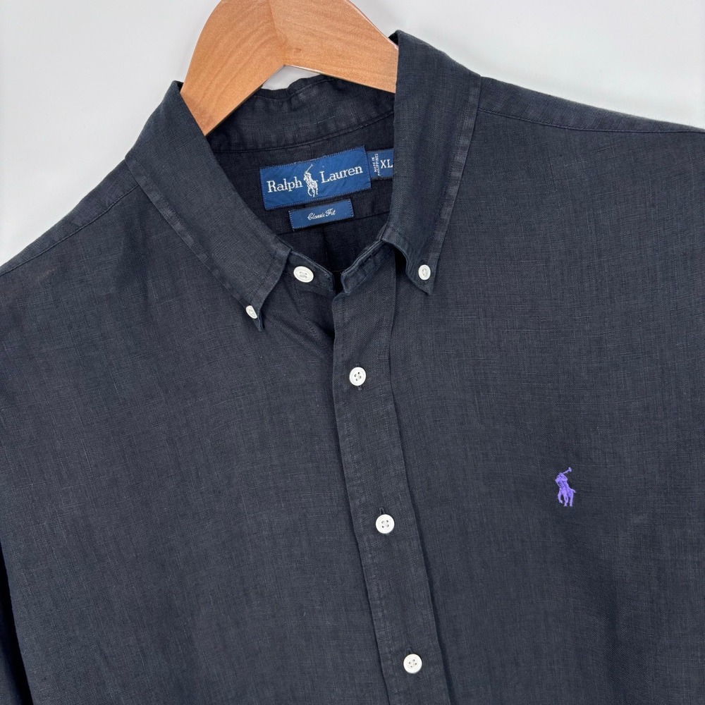 VTG Polo Ralph Lauren 100% Linen Button Down Shirt Mens XL Black Purple Pony